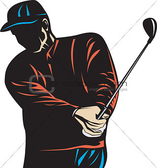 Golfer Swinging Club Woodcut Retro