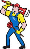 Plumber Carrying Wrench Plunger Cartoon