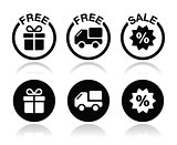 Free gift, free delivery, sale icons set