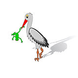 A cartoon stork holding a frog in his beak