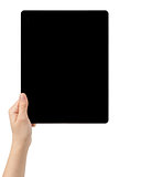 female teen hands holding tablet pc with black screen