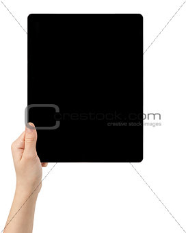 female teen hands holding tablet pc with black screen