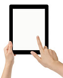 female teen hands using tablet pc with white screen