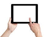 adult man hands using tablet pc with white screen