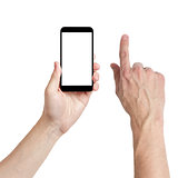 adult man hands using mobile phone with white screen