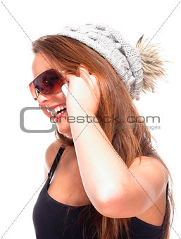 Teenage Girl with Sunglasses on Mobile Phone 