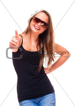 Teenage Girl with Sunglasses showing Thumbs up