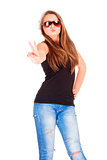 Teenage Girl with Sunglasses showing V-Sign