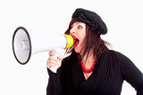 Young Woman with Hat Yelling in Megaphone