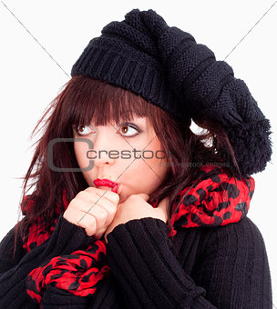 Young Woman with Black Cap Sucking on her Thumb