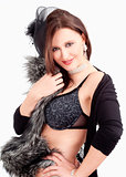 Young Woman with Hat and Fur in her Bra, Smiling 