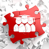 Group of Graduates Icon on Red Puzzle.