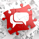 White Speech Bubble Icon on Red Puzzle.