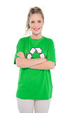 Happy blonde activist wearing recycling tshirt posing