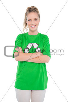 Happy blonde activist wearing recycling tshirt posing