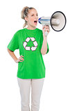 Energetic environmental activist shouting in megaphone