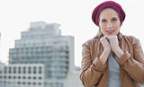 Shivering casual blonde posing outdoors