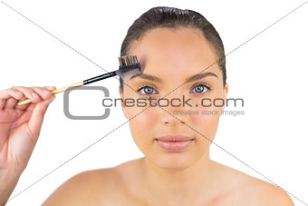 Smiling sensual woman using eyebrow brush
