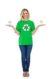 Smiling cute environmental activist holding glass jars