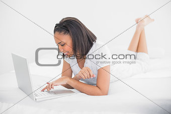 Content young dark haired model using a laptop