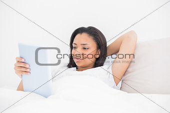 Relaxed young dark haired model using a tablet pc