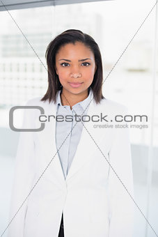 Stylish young dark haired businesswoman posing looking at camera