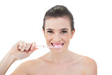 Pretty natural brown haired model brushing her teeth