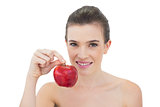 Beautiful natural brown haired model holding an apple