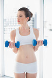 Thoughtful fit brown haired model in sportswear exercising with dumbbells