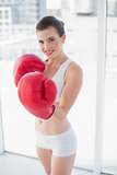 Motivated fit brown haired model in sportswear wearing boxing gloves