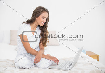 Happy attractive brunette using a laptop