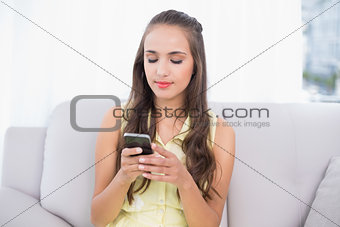 Calm pretty brunette holding smartphone