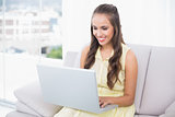 Happy pretty brunette using laptop