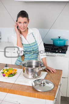 Smiling pretty woman wearing apron having a call