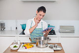 Focused gorgeous woman wearing apron using tablet