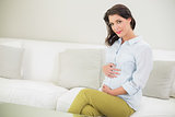 Content pregnant brown haired woman holding her belly