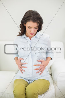 Pretty pregnant brown haired woman holding her belly