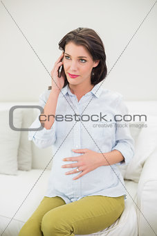 Calm pregnant brown haired woman making a phone call