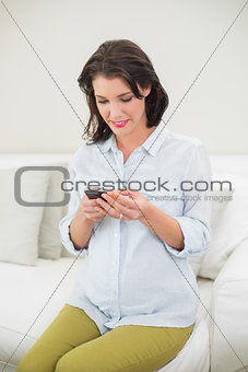 Pretty pregnant brown haired woman using her mobile phone