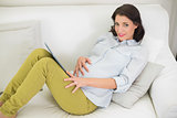 Peaceful pregnant brown haired woman using a tablet pc