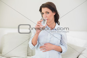 Relaxed pregnant brown haired woman drinking water