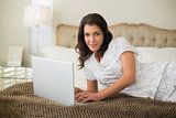 Natural pretty brown haired woman using a laptop