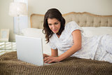 Concentrated pretty brown haired woman using a laptop