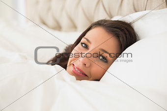 Smiling pretty brown haired woman relaxing in her bed