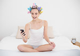 Cheerful natural brown haired woman in hair curlers looking at her mobile phone