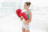 Sporty stern woman wearing boxing gloves