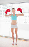 Sporty serious woman holding up boxing gloves
