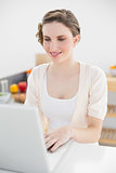 Smiling brunette woman using her notebook sitting in kitchen