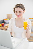 Joyful young woman looking at her laptop sitting in her kitchen