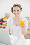 Lovely woman sitting in front of her laptop in her kitchen while holding a glass of orange juice